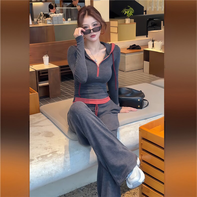 慵懒风一整套穿搭女春季时尚休闲撞色拼接长袖上衣阔腿长裤两件套,女装套装/套裙,江南