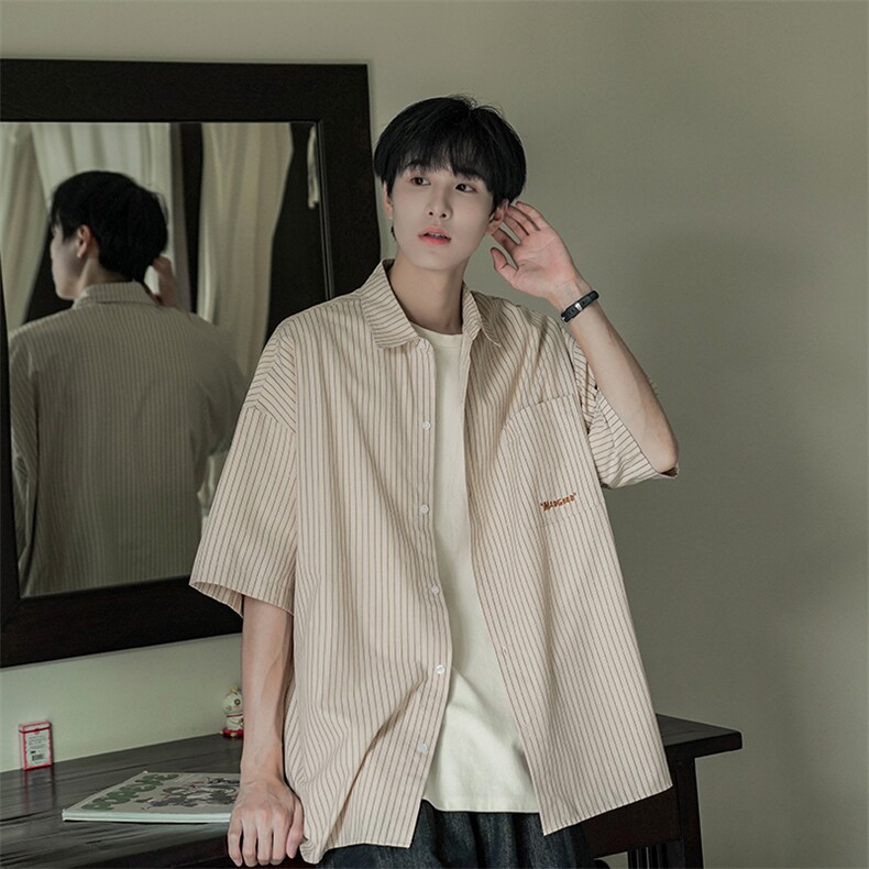 B225-C6065-P65-X85日系少年感条纹衬衫短袖男夏季阳光穿搭衬衣,男装T恤,电商B225