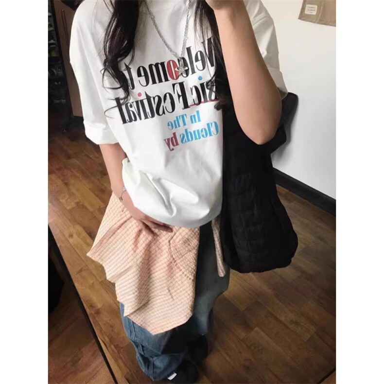 T0764-P25印花多彩字母纯棉T夏季宽松小众设计复古上衣，女装T恤，星座617A-3（原B318）