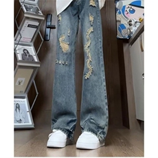 设计感破洞牛仔裤男春秋夏季美式高街vibe裤子小众修身直筒微喇裤，男装牛仔裤，星座506A