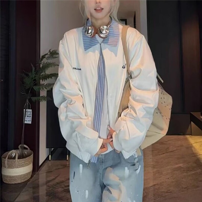 美式复古学院风刺绣假两件翻领棒球服春秋男女设计感情侣夹克外套,男装夹克,四季星座505