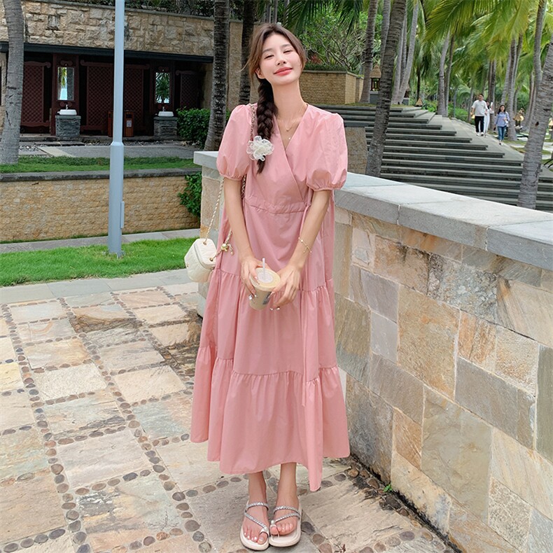 法式气质温柔风v领连衣裙女2025夏季新款韩版收腰显瘦茶歇长裙子,女装连衣裙,2C105