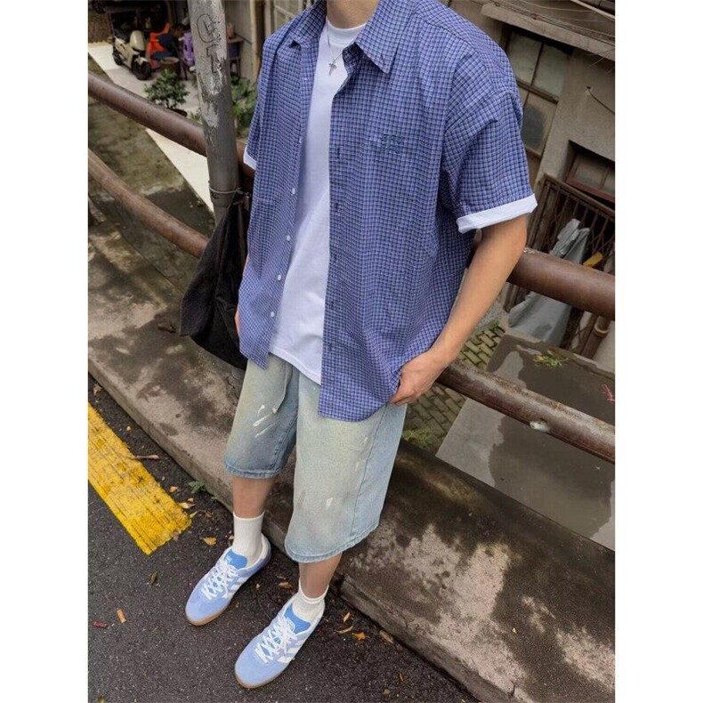 蓝色格子短袖衬衫女男夏季2025新款设计感小众宽松港风穿搭休闲图片