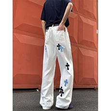 十字架贴皮牛仔裤男女微喇直筒ins宽松阔腿拖地弯刀长裤KC1155，男装皮裤，星座1116A（原606A-3）