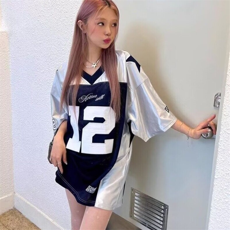 美式复古字母v领短袖女夏季潮牌拼接网面宽松T恤情侣风球衣,女装T恤,星座506A
