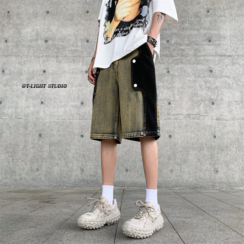 B221美式ins高街暗黑小众个性款牛仔短裤五分裤LK23100-P60控78,男装牛仔裤,电商B221