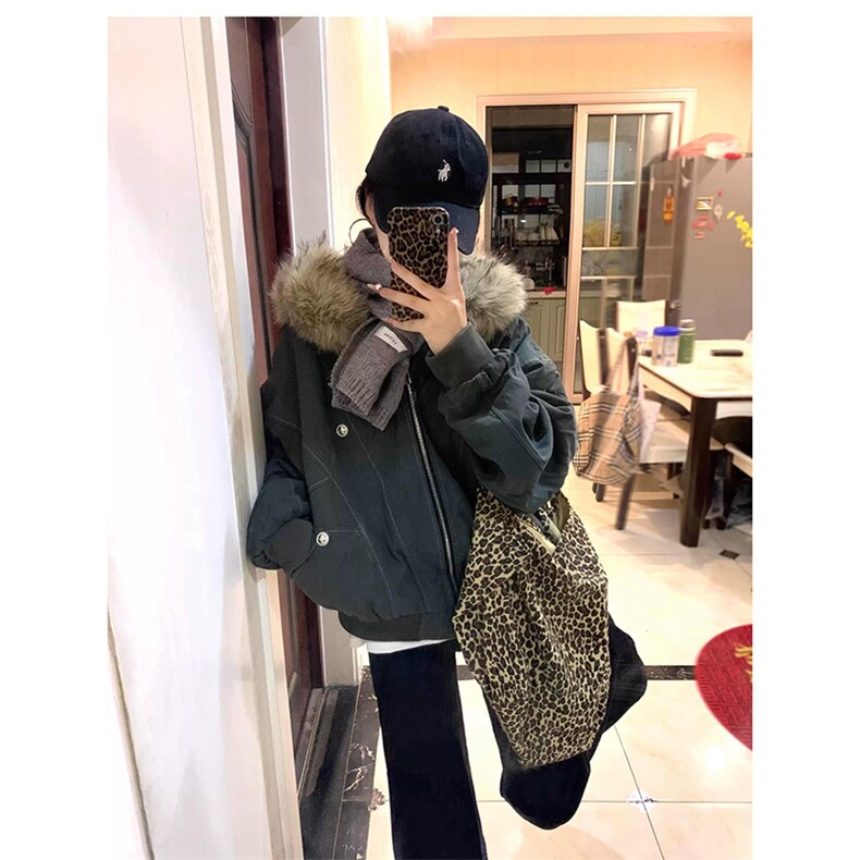 现货重磅boxy短款棉衣座山雕大毛毛领男女棉服水洗工装厚外套，男装棉衣，电商A486