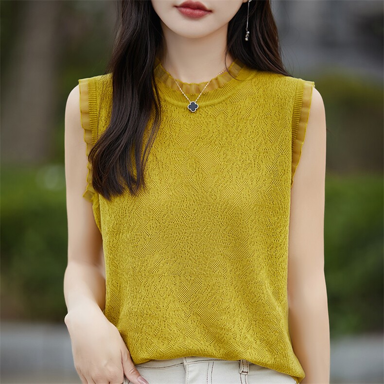 蕾丝花边领羊毛打底衫早秋洋气宽松百搭无袖内搭背心针织衫上衣女,女装背心吊带,朝贺羊绒