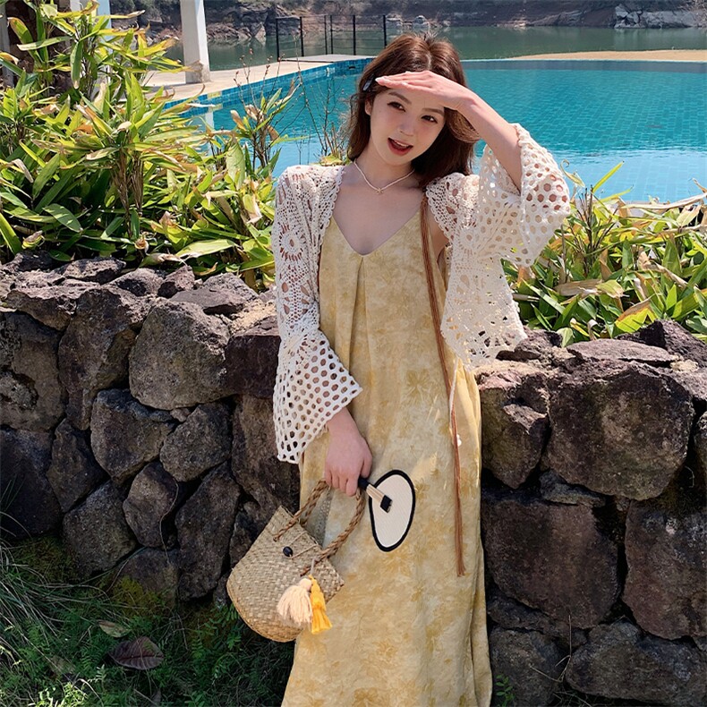 蓝色海边度假风印花吊带连衣裙套装女2025夏新款镂空开衫两件套,女装套装/套裙,2C108
