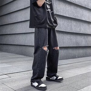 美式破洞牛仔裤男夏季宽松直筒乞丐裤百搭帅气高街潮牌N0729-P40图片