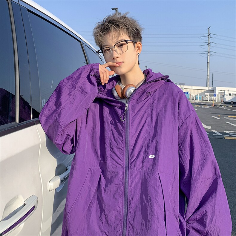 港风大码日系复古纯色连帽薄款防晒衣男潮XZ213-JKFS01-P55控78，男装防晒衣，星座213
