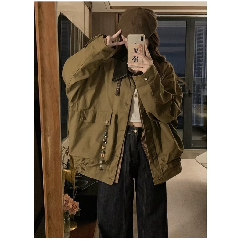 春季美式复古拼皮翻领巴恩风谷仓夹克男女短款工装外套,男装夹克,星座506A