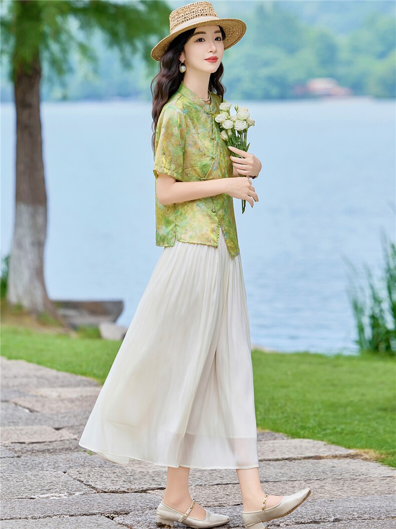 现货2026年夏季新款中式时尚两件套装女小衬衫T恤加纱幕半身裙女,女装套装/套裙,璐依舞