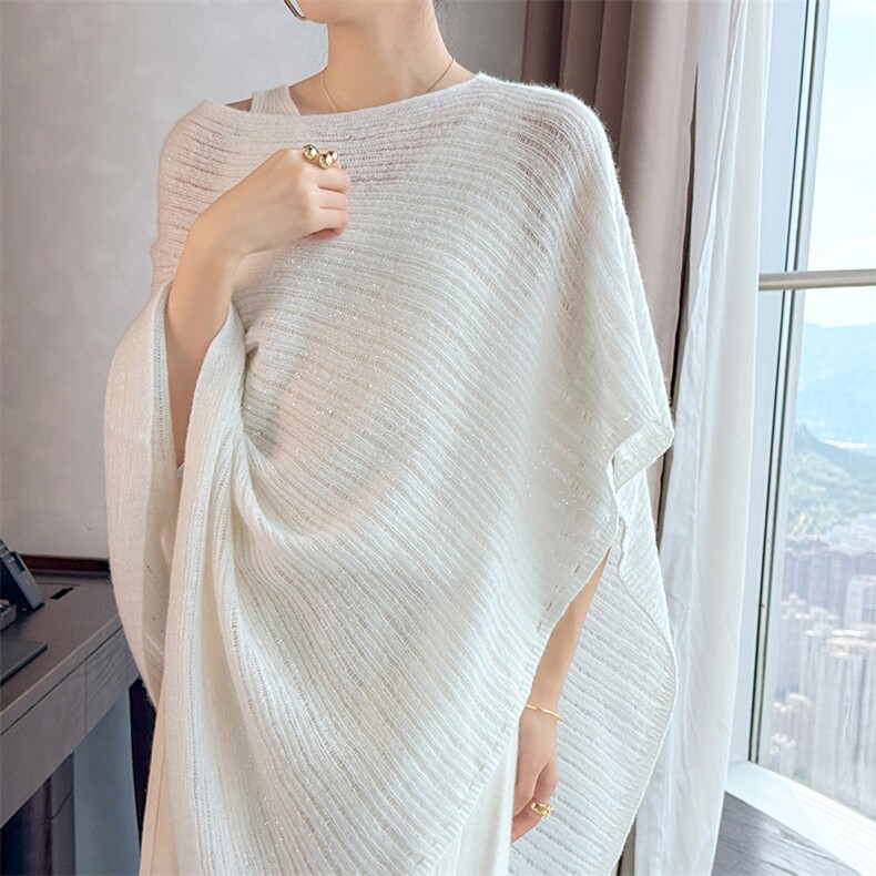2025秋冬百搭时尚简约不规则亮丝仙儿披肩针织衫，披肩，业大羊绒