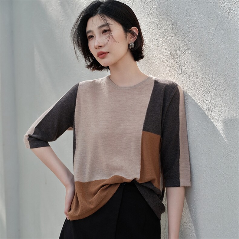 女士嵌花圆领短袖,针织衫/毛衣,江帆羊绒