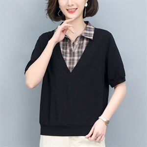 2022年夏季时尚简约大方气质优雅潮流舒服有范格子领拼接上衣图片