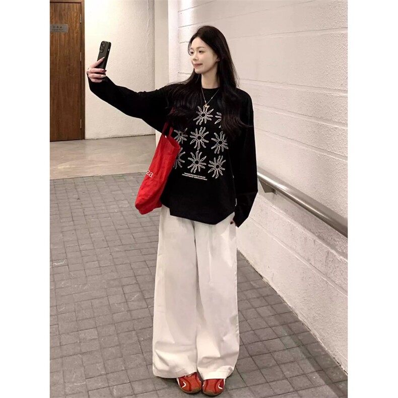网图现货三本针圆领长袖T恤太阳花印花男女打底衫CT812-P29白,男装T恤,电商C310