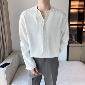 港风秋款男V领衬衫韩版休闲单排扣宽松衬衣CS030 P38图片
