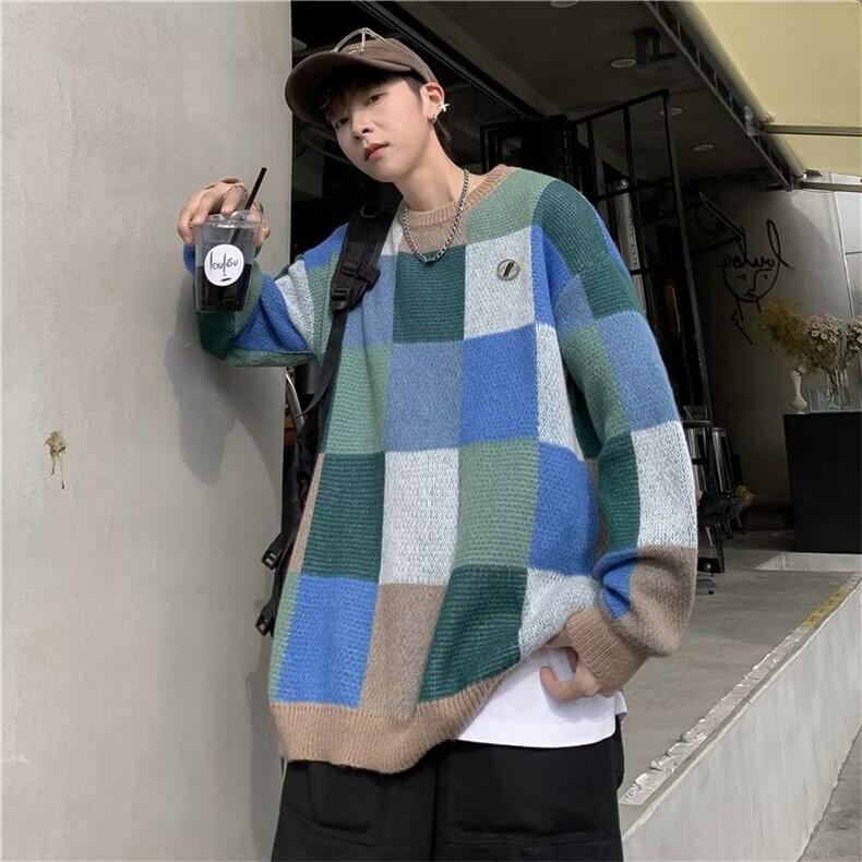 2023秋冬新款美式街头小众设计复古情侣撞色格子Q5021P50,男装针织衫/毛衣,星座1116-2
