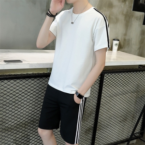 夏季 薄款 运动 宽松 青少年 青春流行 青春活力 2021年 插肩袖 圆领 条纹 套装图片