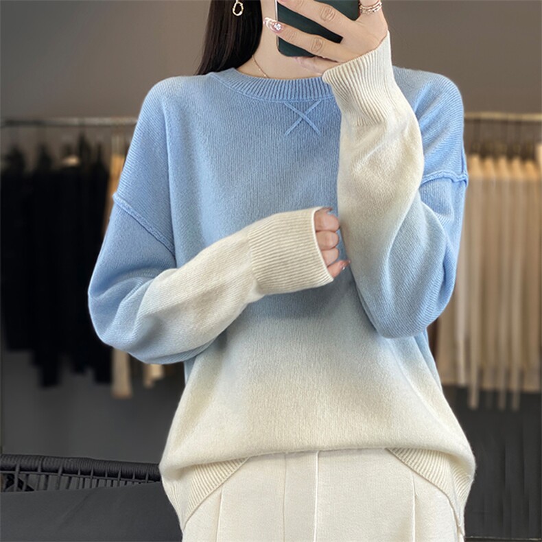 秋冬新款衫渐变色女圆领套头毛衣宽松显瘦羊毛针织上衣,女装羊毛衫,优麦羊绒（原洪叶羊绒）