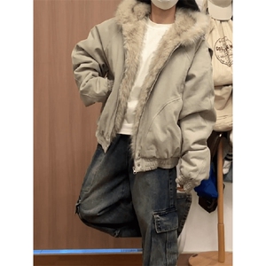 现货高品质美式高街冬季重磅硬挺短款座山雕毛领棉衣男女加厚外套图片
