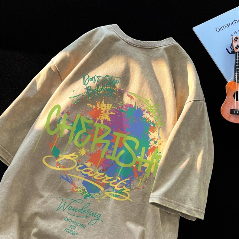 潮牌宽松短袖t恤蜡染美式复古高街水洗做旧517A-2-SX312-P38，男装T恤，星座517A-2