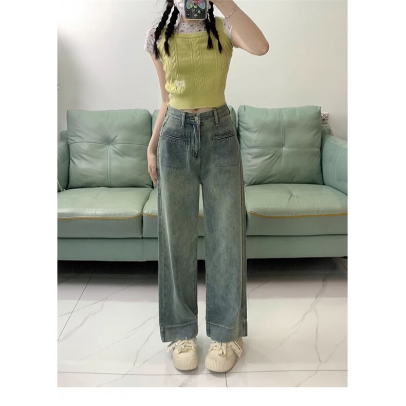 浅蓝复古窄版直筒牛仔裤女春秋高腰宽松九分翻边拼接大小码阔腿裤,男装牛仔裤,星座1210-1
