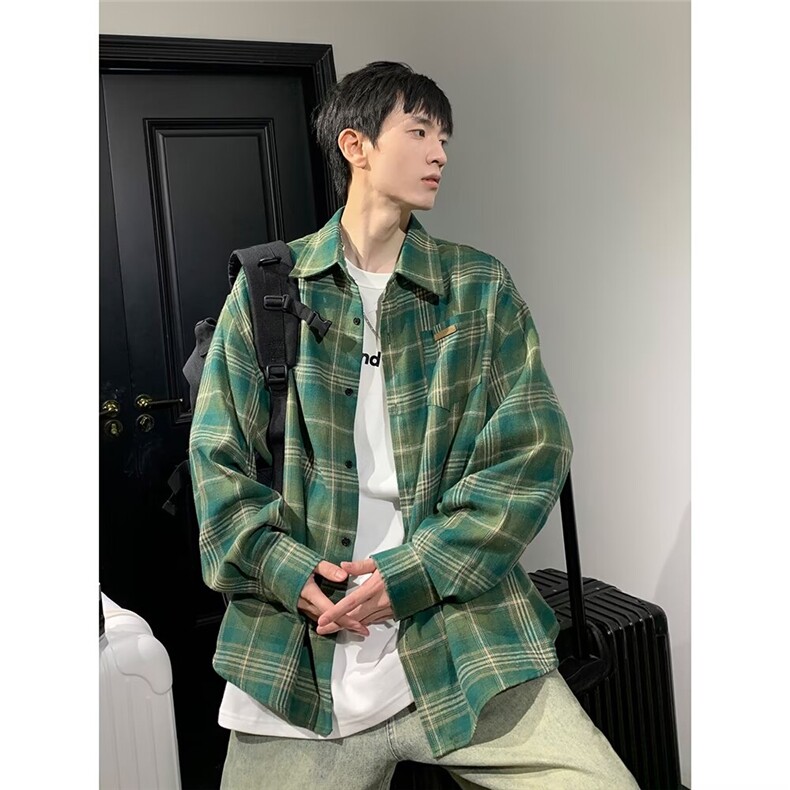 美式复古格子长袖衬衫男春秋季新款潮牌宽松外套CS9022-P39,男装衬衫,星座208-5