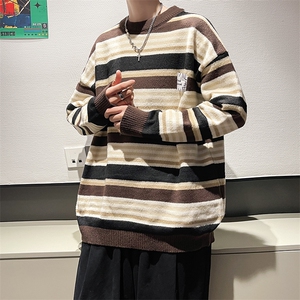 港风秋款男圆领毛衣条纹拼色针织衫打底衫休闲外套M5621 P50图片