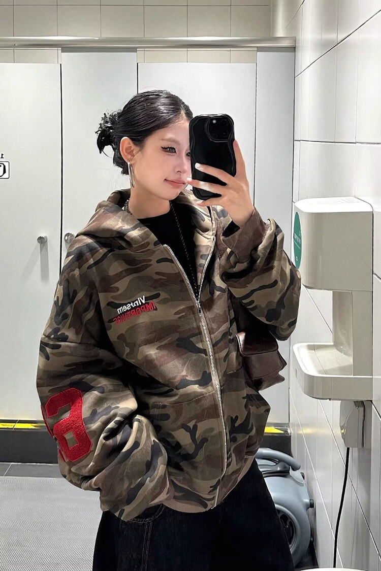 大码胖mm美式高街迷彩开衫连帽卫衣外套女秋季oversize拉链上衣,女装短外套,星座218-8