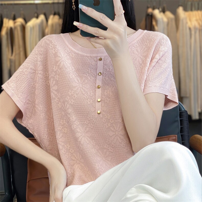 2025夏季新款圆领提花纽扣短袖宽松百搭气质显瘦上衣T恤女,女装T恤,宛庄羊绒