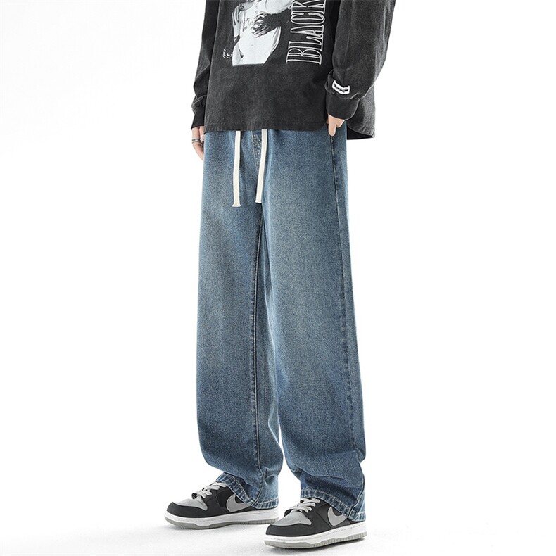 港风做旧高街直筒牛仔裤男士宽松休闲韩版潮流休闲阔腿长裤子P50，男装牛仔裤，星座205-1