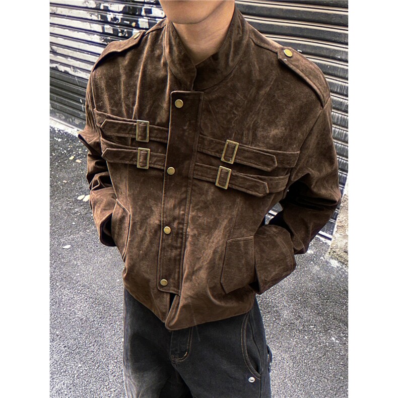秋冬新款英伦高定修身时尚立领男日系复古多口袋工装麂皮绒夹克，男装夹克，星座506A