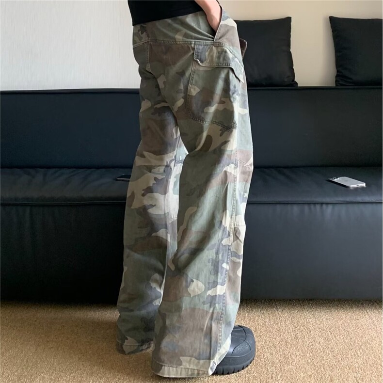 美式复古街头迷彩工装裤男百搭休闲直筒裤高街微喇叭裤MM7049P53,男装牛仔裤,星座1013-1