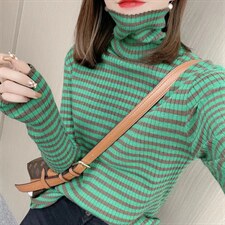 高领毛衣打底衫女秋冬新款韩版修身内搭洋气条纹拼色堆堆领针织衫，女装针织衫/毛衣，潮品会