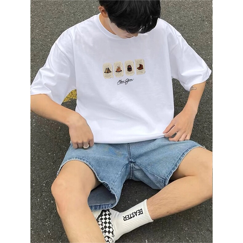抖音得物供货现货210克宽松纯棉美式潮牌印花落肩袖纯棉T恤AT2128图片