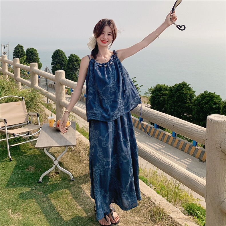 复古度假风简约套装女2025夏季新款休闲显瘦气质吊带半身裙两件套,女装套装/套裙,2C057