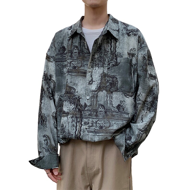 风水墨画高级感上衣男式衬衣复古衬衣男装春225-2-CS706-P40,男装衬衫,星座225-2