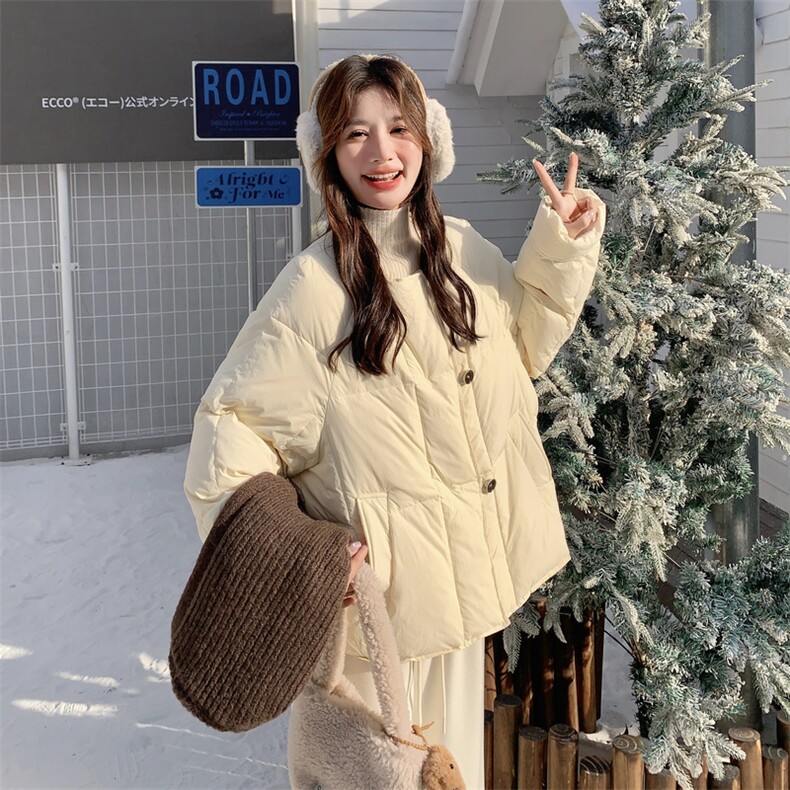 韩版宽松连帽短款羽绒服女2025冬季新款米白色面包服小个子外套,女装羽绒服,2C153