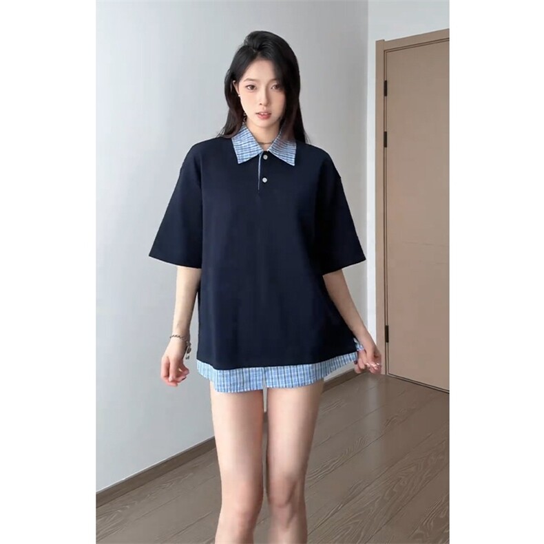 藏青色假两件短袖男女夏季潮牌衬衫拼接t恤重磅美式学院风polo衫,男装T恤,星座1210-1