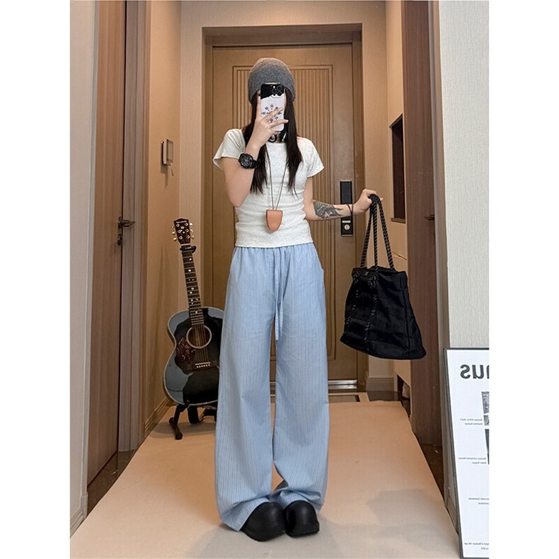 竖条纹休闲裤 C7098-TP3568 慵懒风休闲百搭宽松直筒长裤男女图片