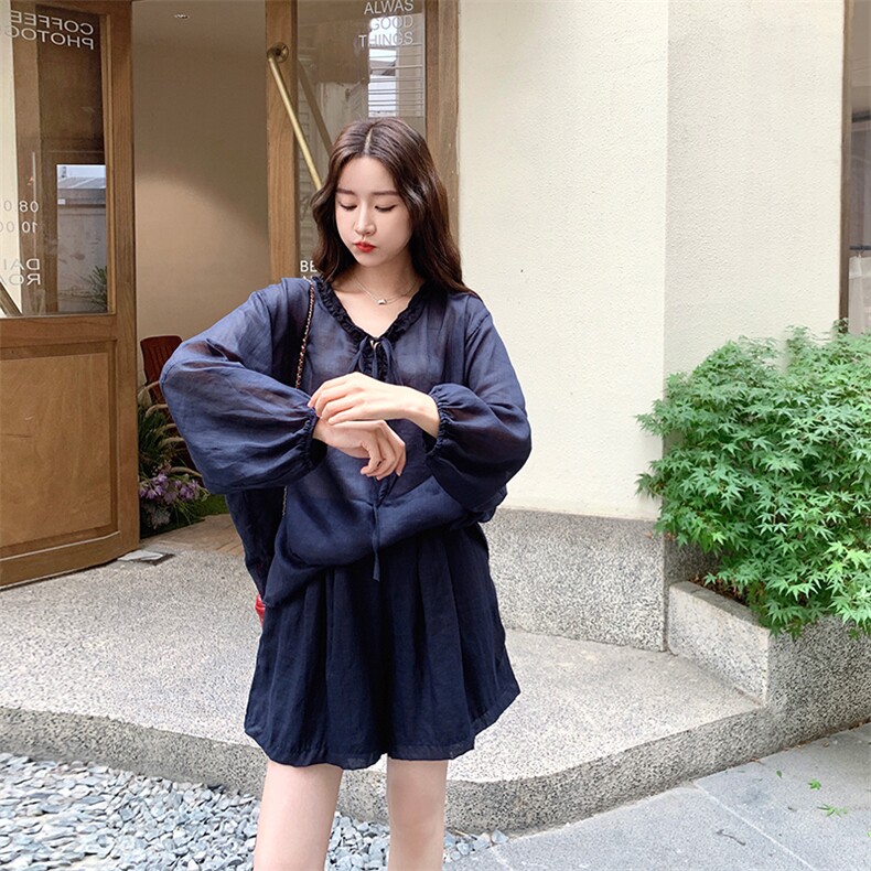 休闲防晒套装女设计感小众长袖衬衣+短裤两件套夏季,女装套装/套裙,纯色衣恋
