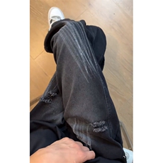 美式高街复古撞色条纹拼接阔腿牛仔裤宽松休闲百搭设计感拖地长裤，男装牛仔裤，星座601-1