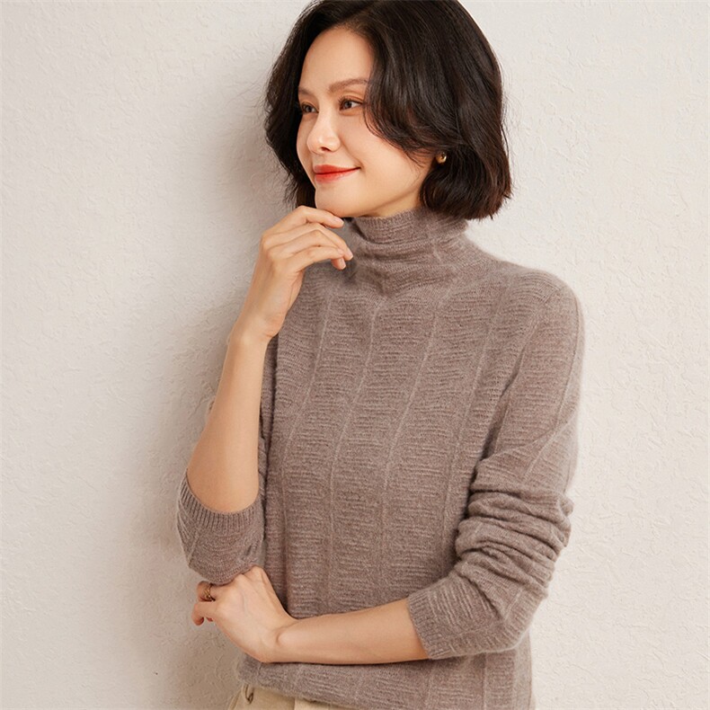 秋冬季35%羊绒65%羊毛休闲百搭12针乱坑堆领羊绒衫，女装羊绒衫，广悦羊绒