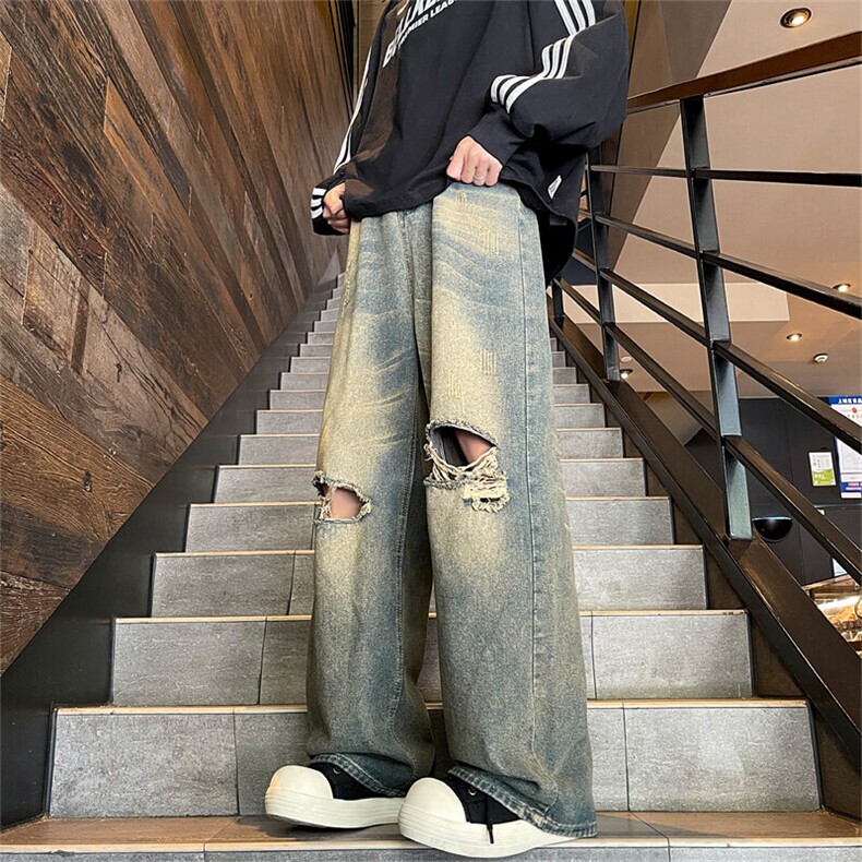 水洗潮牌直筒休闲裤子春季宽松美式阔腿牛仔裤高腰拖地长裤女有货,男装牛仔裤,星座302B-2