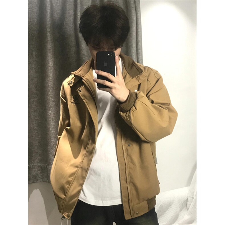复古卡其工装外套男设计感宽松日系翻领拼色休闲夹克上衣W139,男装夹克,星座1116A（原606A-3）