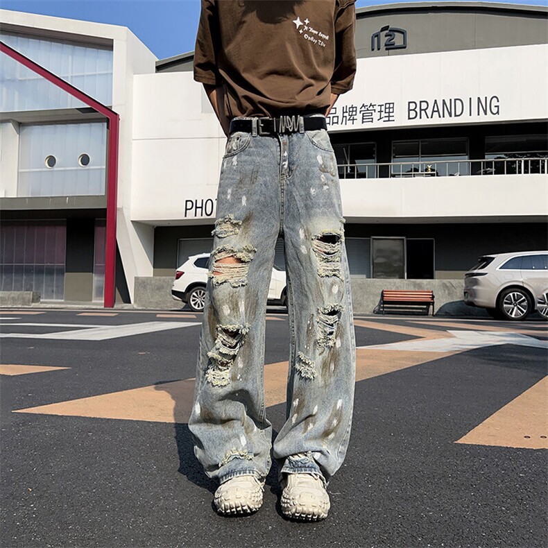 做旧破洞牛仔裤男女宽松垂感拖地美式复古裤子废土风NZ011-P52,男装牛仔裤,星座308B-1