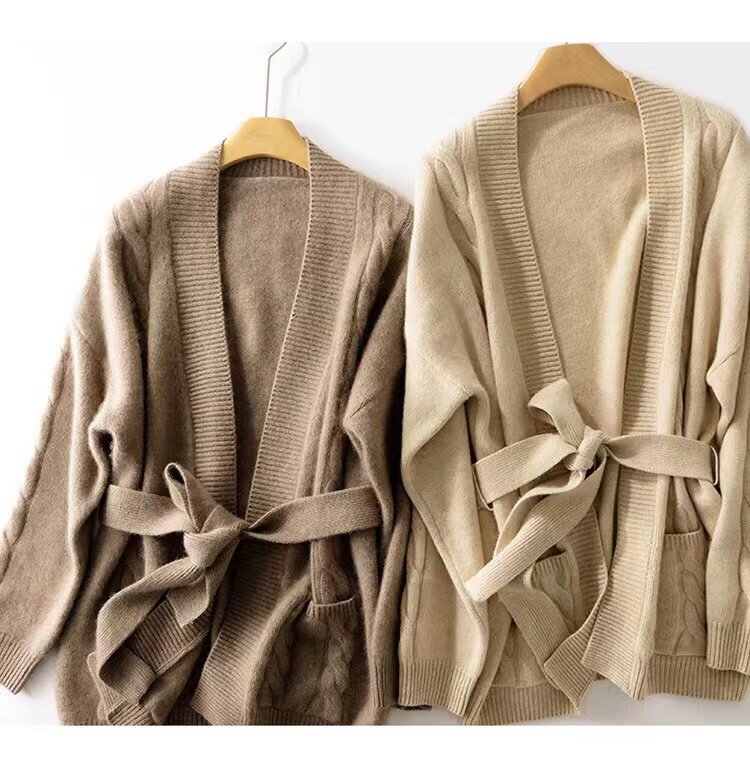 系带收腰显瘦中长款开衫外套女秋冬宽松慵懒风，女装羊毛衫，珍珑羊绒