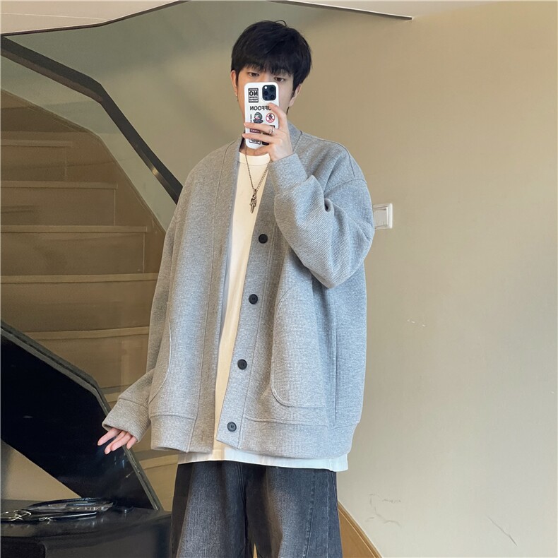 灰色解构拼接开衫卫衣男款秋季韩系慵懒风松弛感复古美式潮牌外套图片